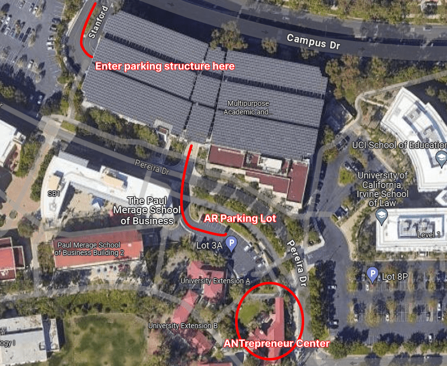 map of how to get from the social sciences parking structure to the antrepreneur center 